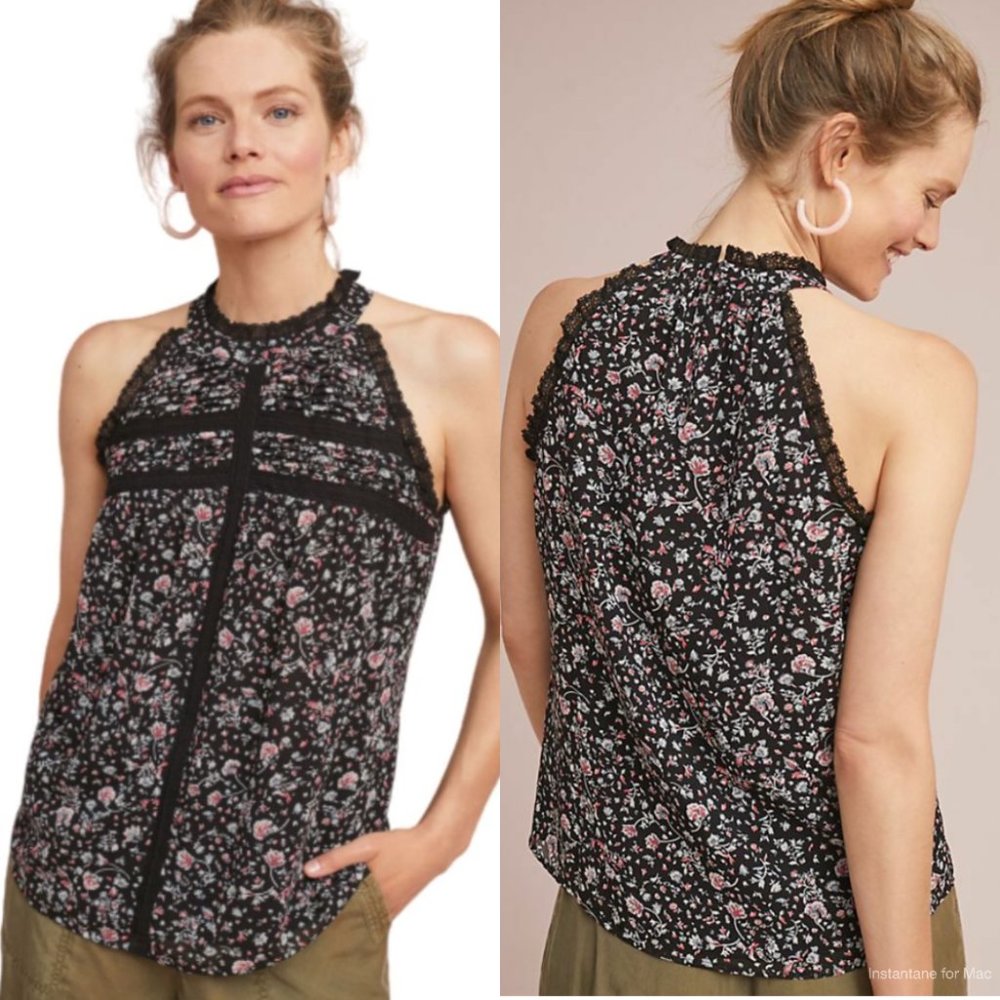 MAEVE Anthro Lace Ruffle Trim High Neck Sleeveless Pink Floral Lined Blouse